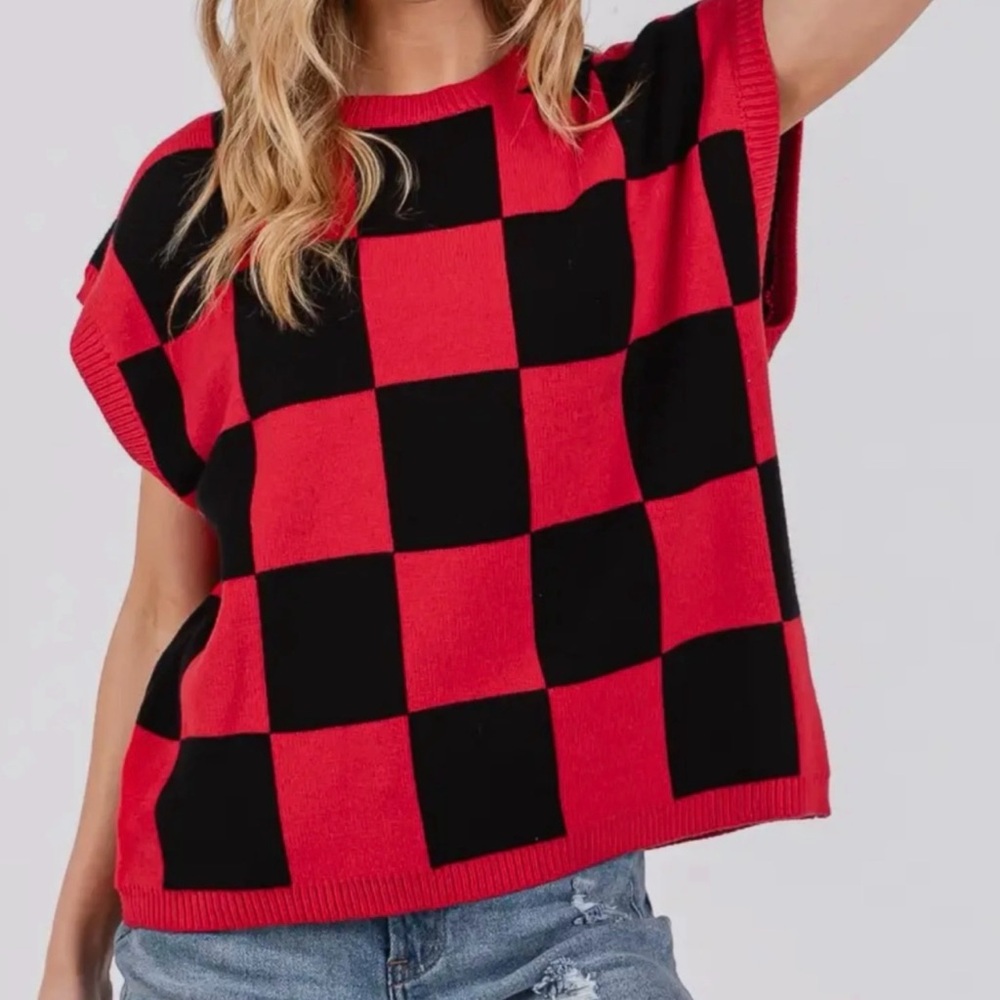 Game Day Red and Black Checkered Knit Top Georgia Bulldogs! Medium